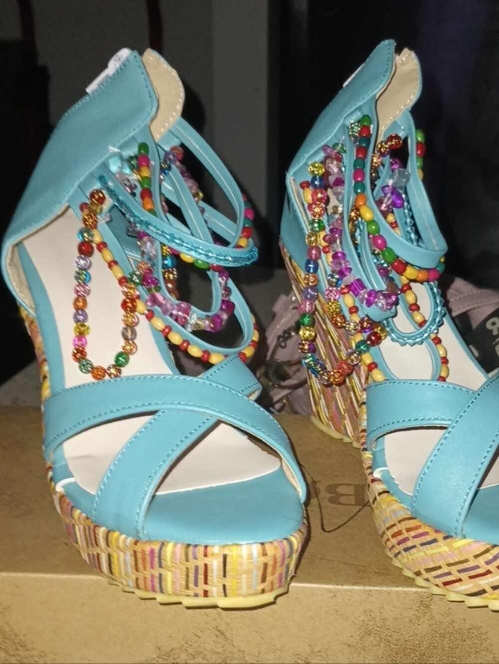 Turquoise Beaded Wedge Sandals - Women's Fashion Heels